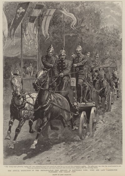 De jaarlijkse inspectie van de Metropolitan Fire Brigade in Battersea Park, Lord en Lady Carrington kijken naar de galop door John Charlton